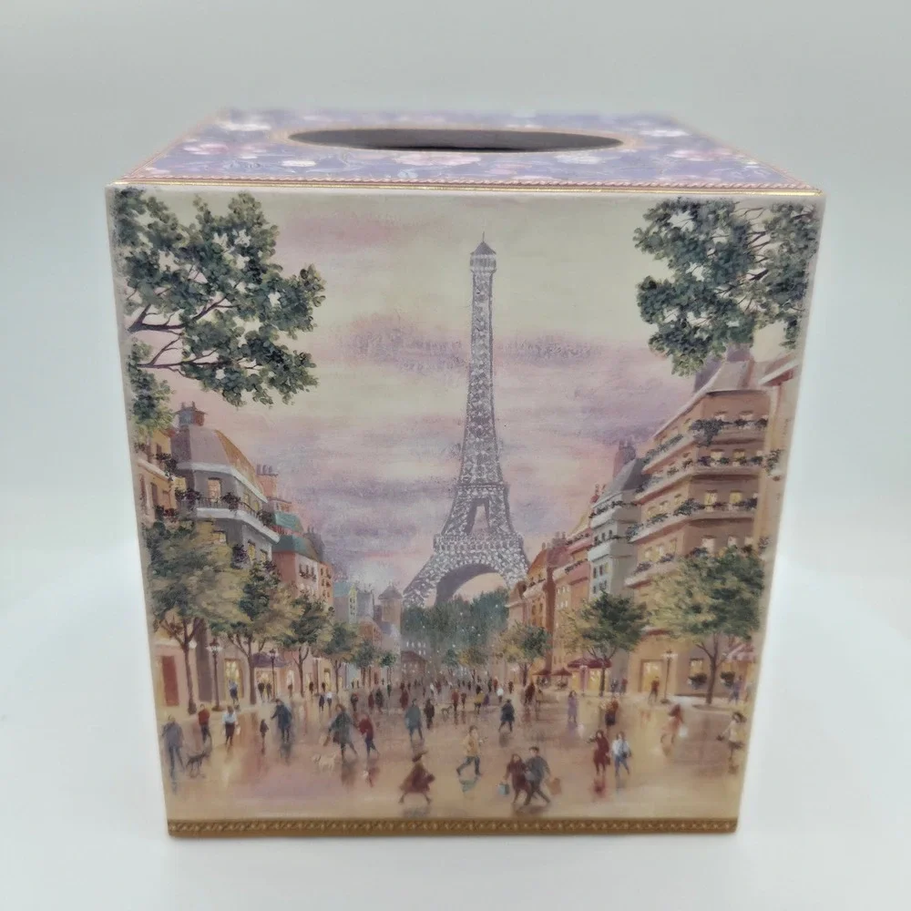 Paris Eiffel Tower Wood Decoupage Tissue Box Cover Square‎ French Floral Purple